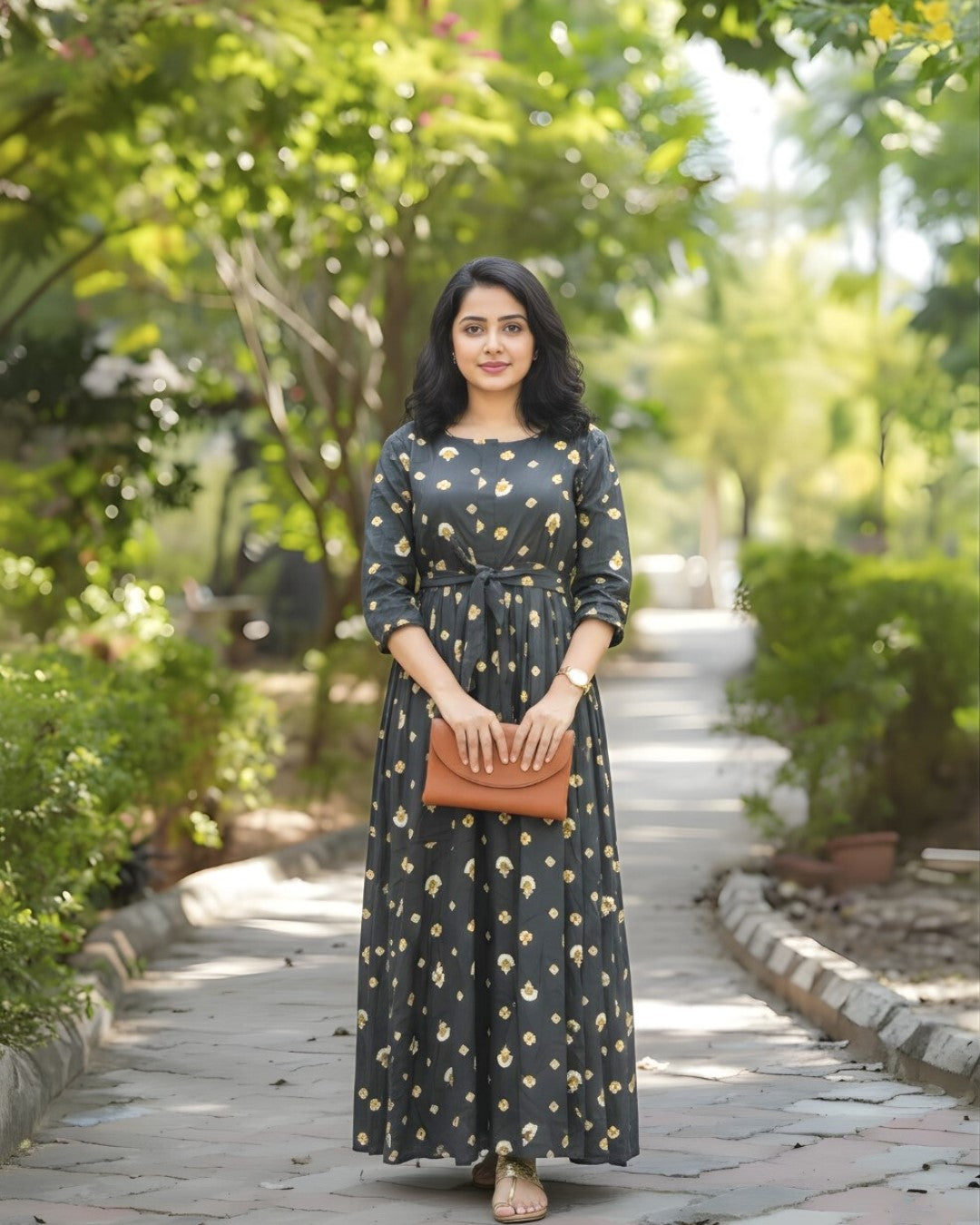 Grey White Mushroom Flower - Maternity Kurti with Feeding Zips - Soft Rayon