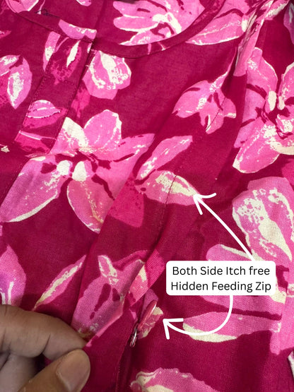 Jasmine White Pink - Maternity Kurti with Feeding Zips - Cambric Cotton