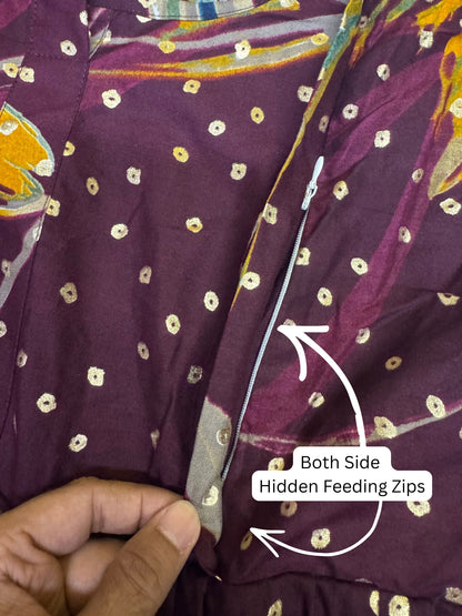 Nerium Flower - Purple - Maternity Kurti with Feeding Zips - Soft Rayon