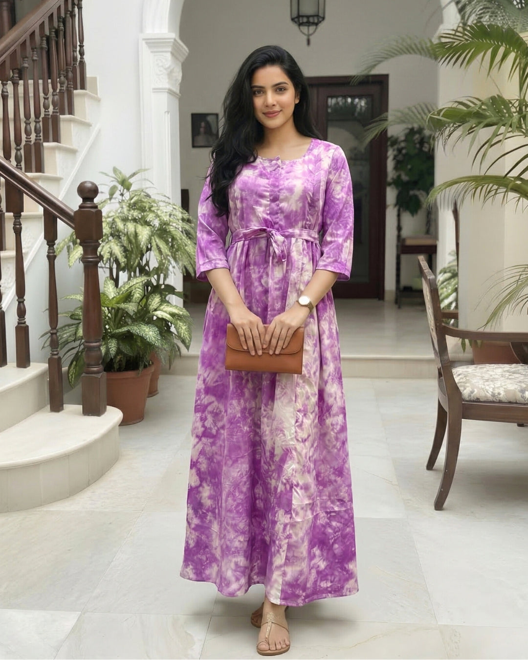 Tie Dye - Purple - Maternity Kurti with Feeding Zips - Soft Rayon