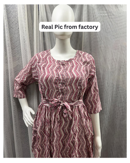 Pink ZigZag - Maternity Kurti with Feeding Zips - Soft Rayon