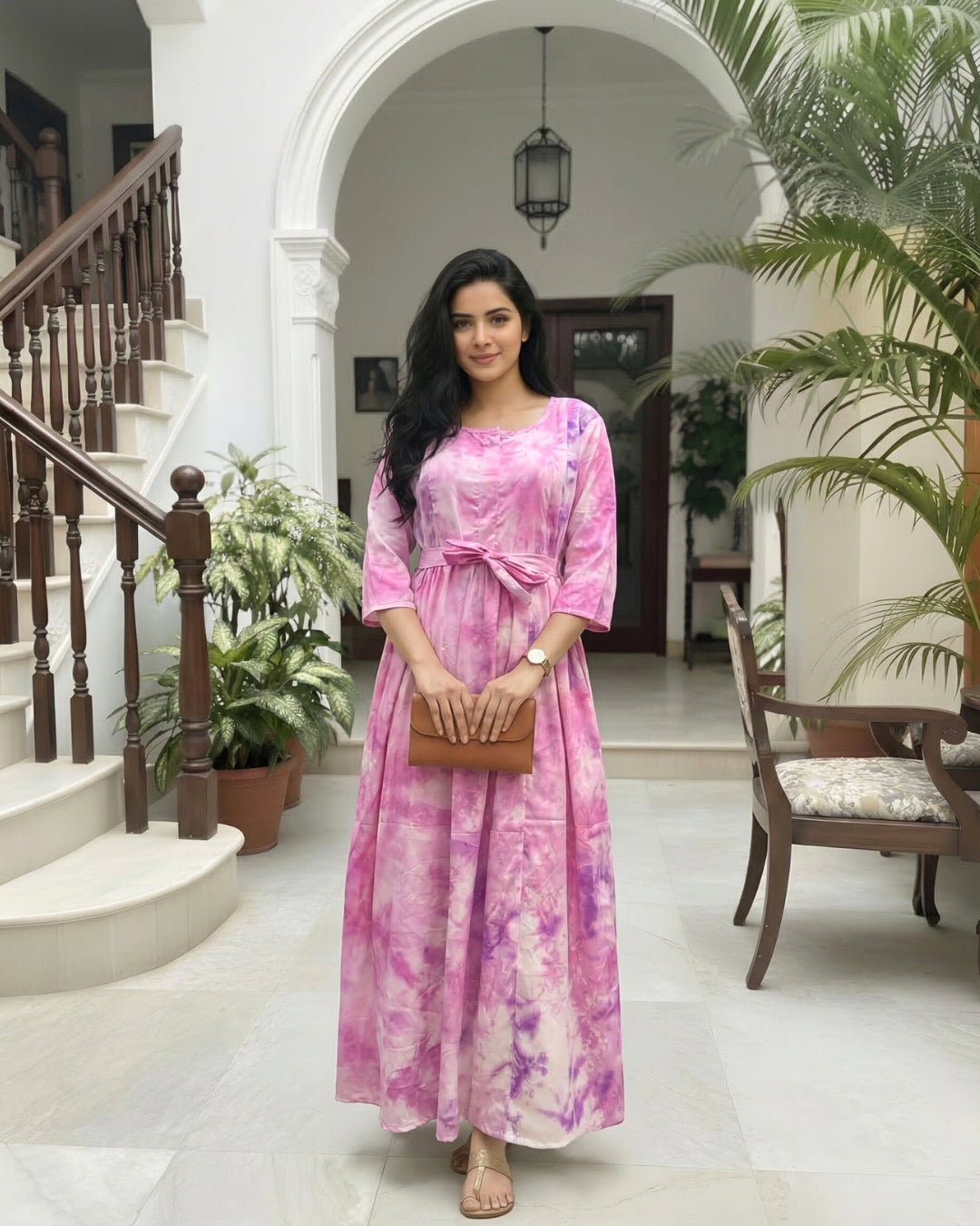 Tie Dye - Pink - Maternity Kurti with Feeding Zips - Soft Rayon