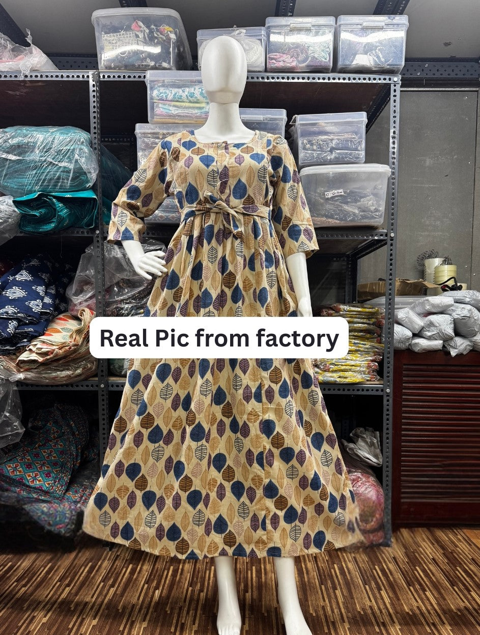 Blue Brown Petals - Maternity Kurti with Feeding Zips - Cotton Flex - Thicker Fabric