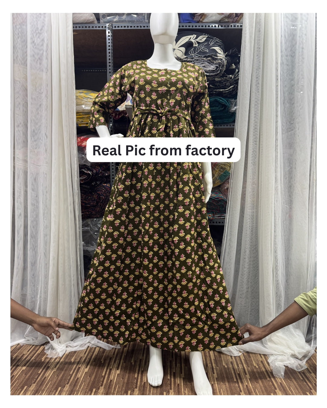 Green Pink Flower - Maternity Kurti with Feeding Zips - Soft Rayon