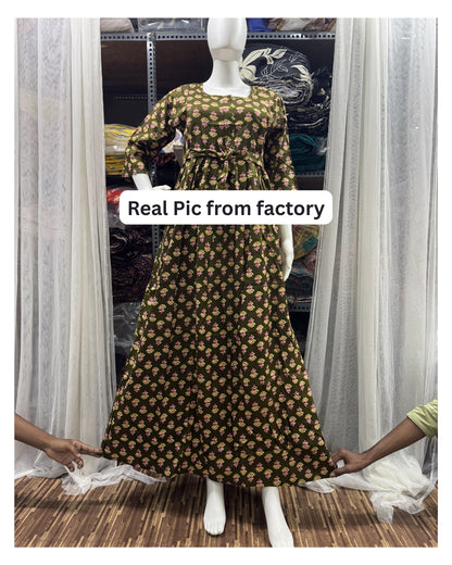 Green Pink Flower - Maternity Kurti with Feeding Zips - Soft Rayon