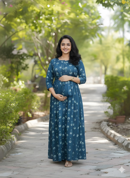 Peacock Blue Pine Flower - Maternity Kurti with Feeding Zips - Soft Rayon