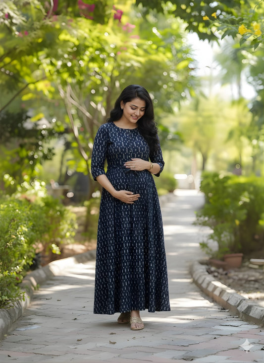 Blue White Leaf - Maternity Kurti with Feeding Zips -