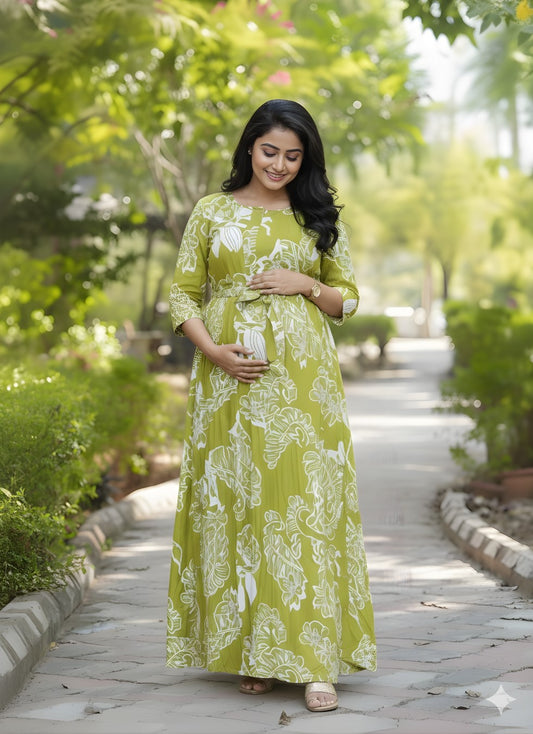 Lemon Green Big Flower - Maternity Kurti with Feeding Zips - Soft Rayon
