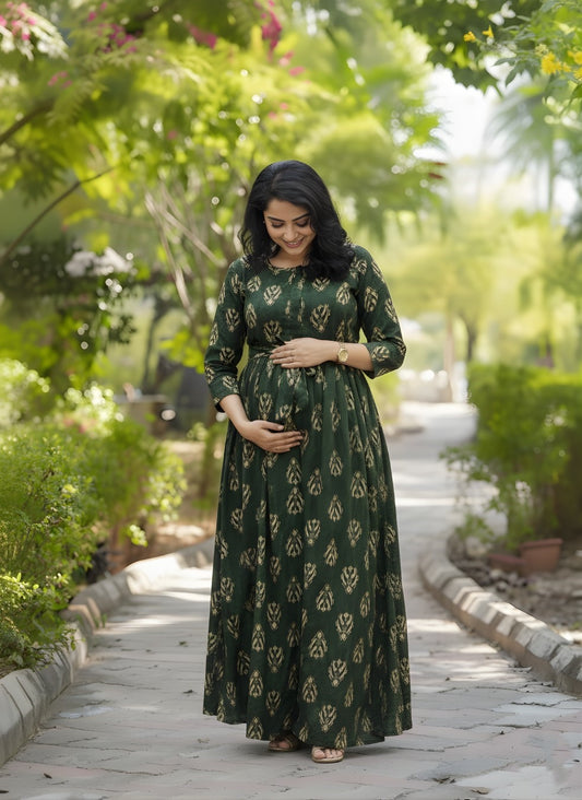 Green Cream Leaves - Maternity Kurti with Feeding Zips - Soft Rayon
