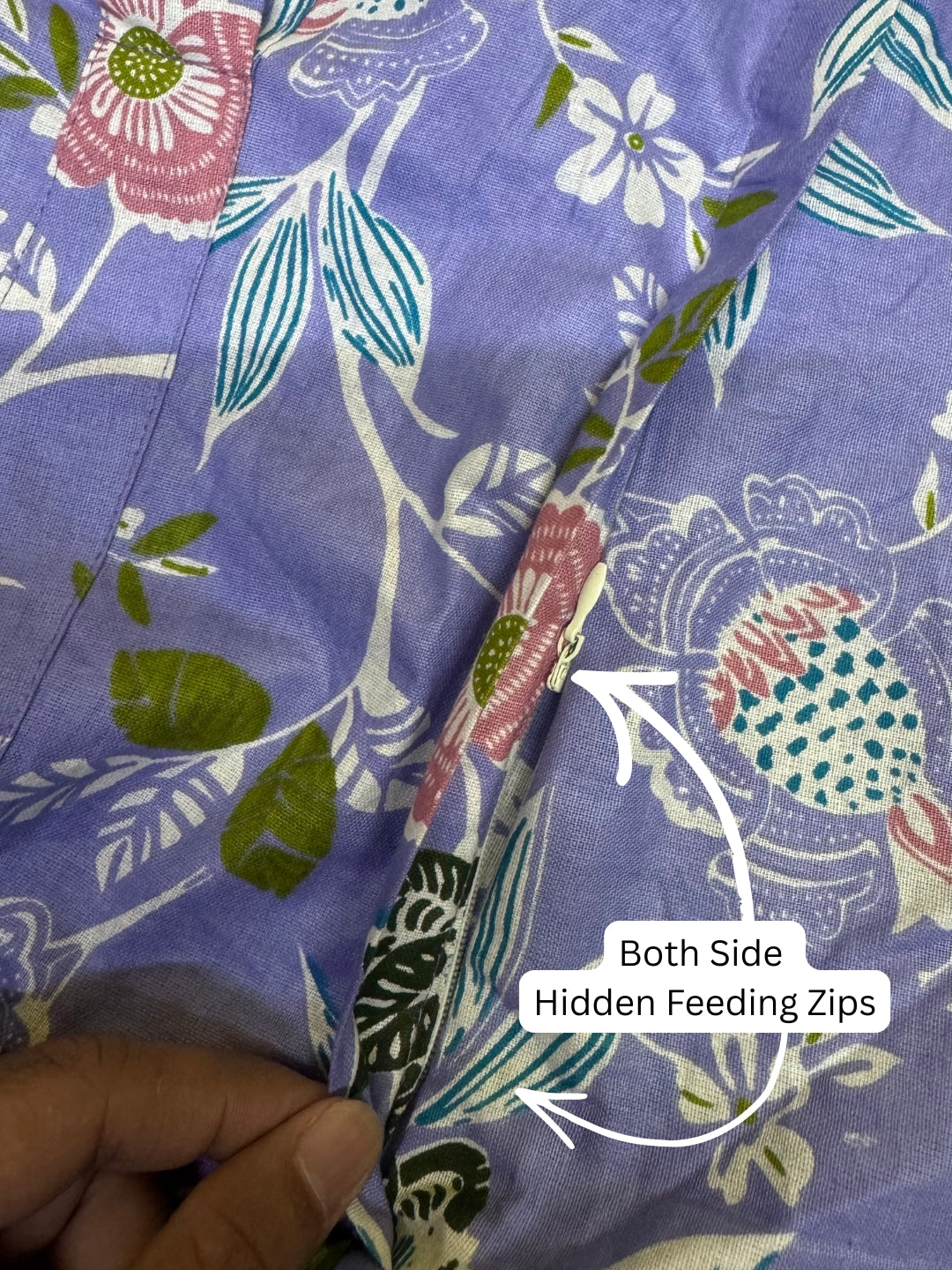 Lavander Green Flower - Maternity Kurti with Feeding Zips - Cambric Cotton