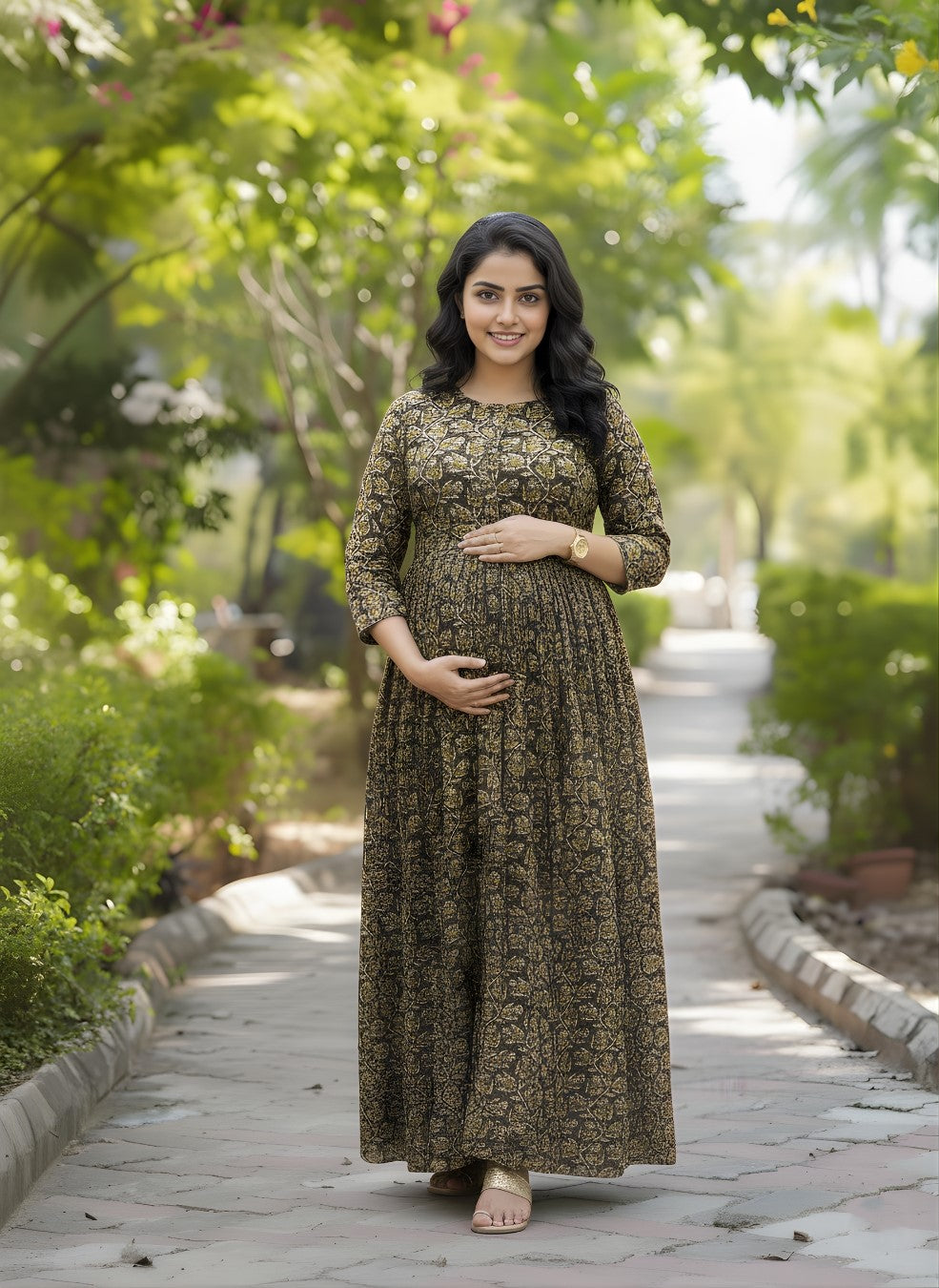 Tulip Flower - Brown - Maternity Kurti with Feeding Zips - Cotton Flex - Thicker Fabric