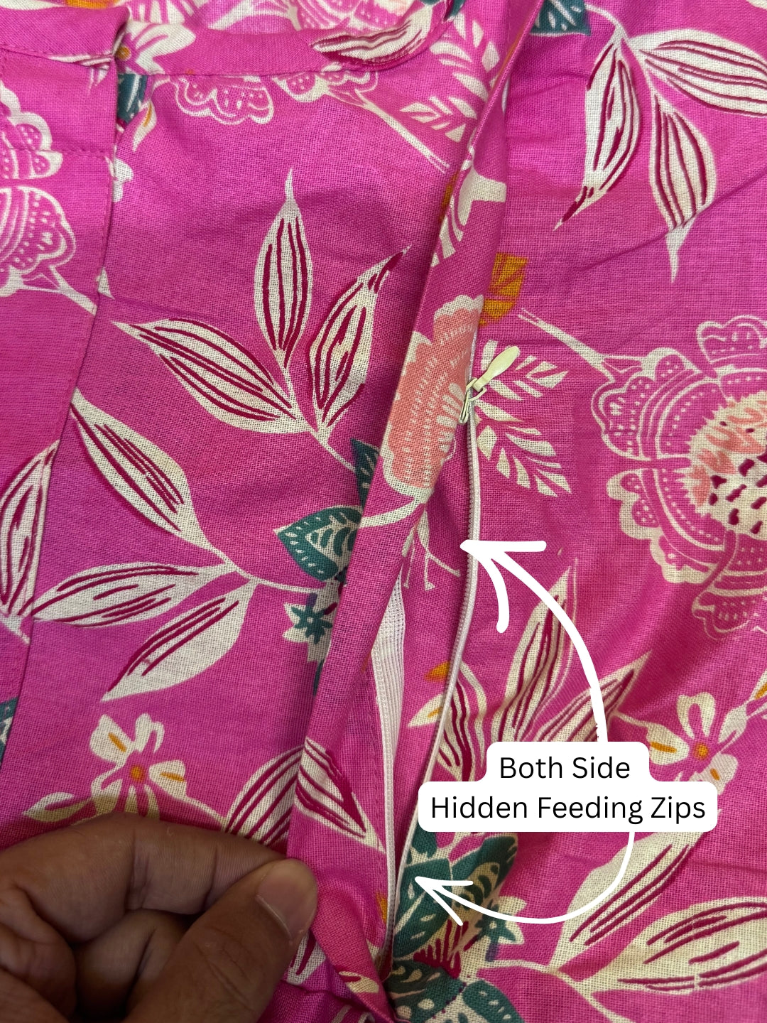 Pink Green Flower - Maternity Kurti with Feeding Zips - Cambric Cotton