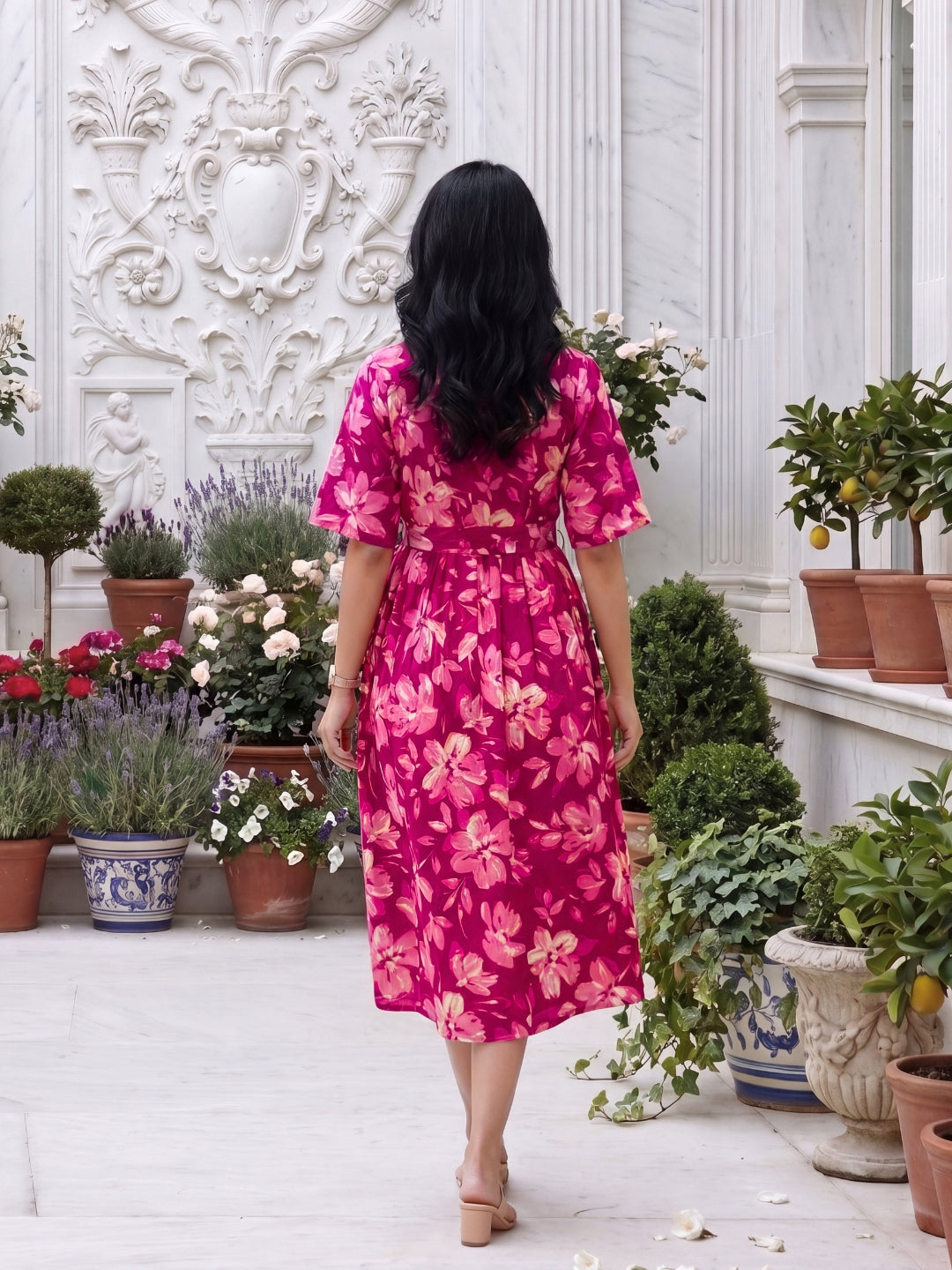 Jasmine Pink - Short Sleeves Midi Dress - Pure Cotton