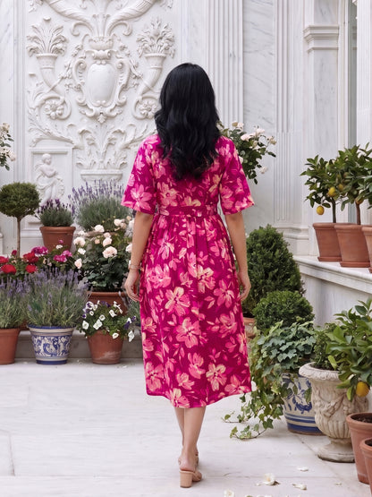 Jasmine Pink - Short Sleeves Midi Dress - Pure Cotton