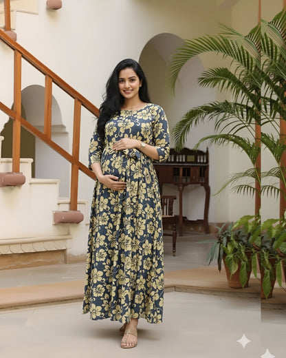 Daisy Flower Grey - Maternity Kurti with Feeding Zips - Soft Rayon