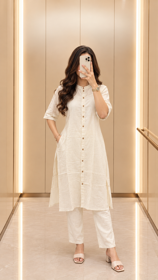 Knee Length - Katha Off White - Cord Set - Pure Cotton
