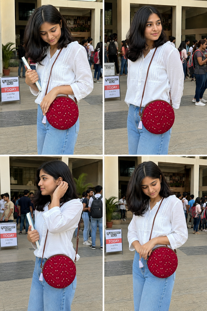 Pink Bandhani Zigzag - Cute Round Sling bag