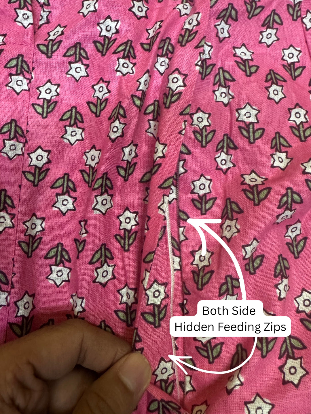 Pink Grey Flower - Maternity Dress with Feeding Zips - Pure Cotton