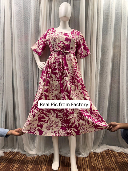 Hibiscus Pink - Knee Length Maternity Dress with Feeding Zips - Soft Rayon
