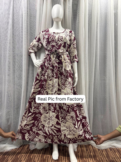 Hibiscus - Maroon White - Maternity Kurti with Feeding Zips - Soft Rayon