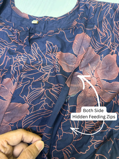 Hibiscus Blue Pink - Maternity Dress with Feeding Zips - Soft Rayon