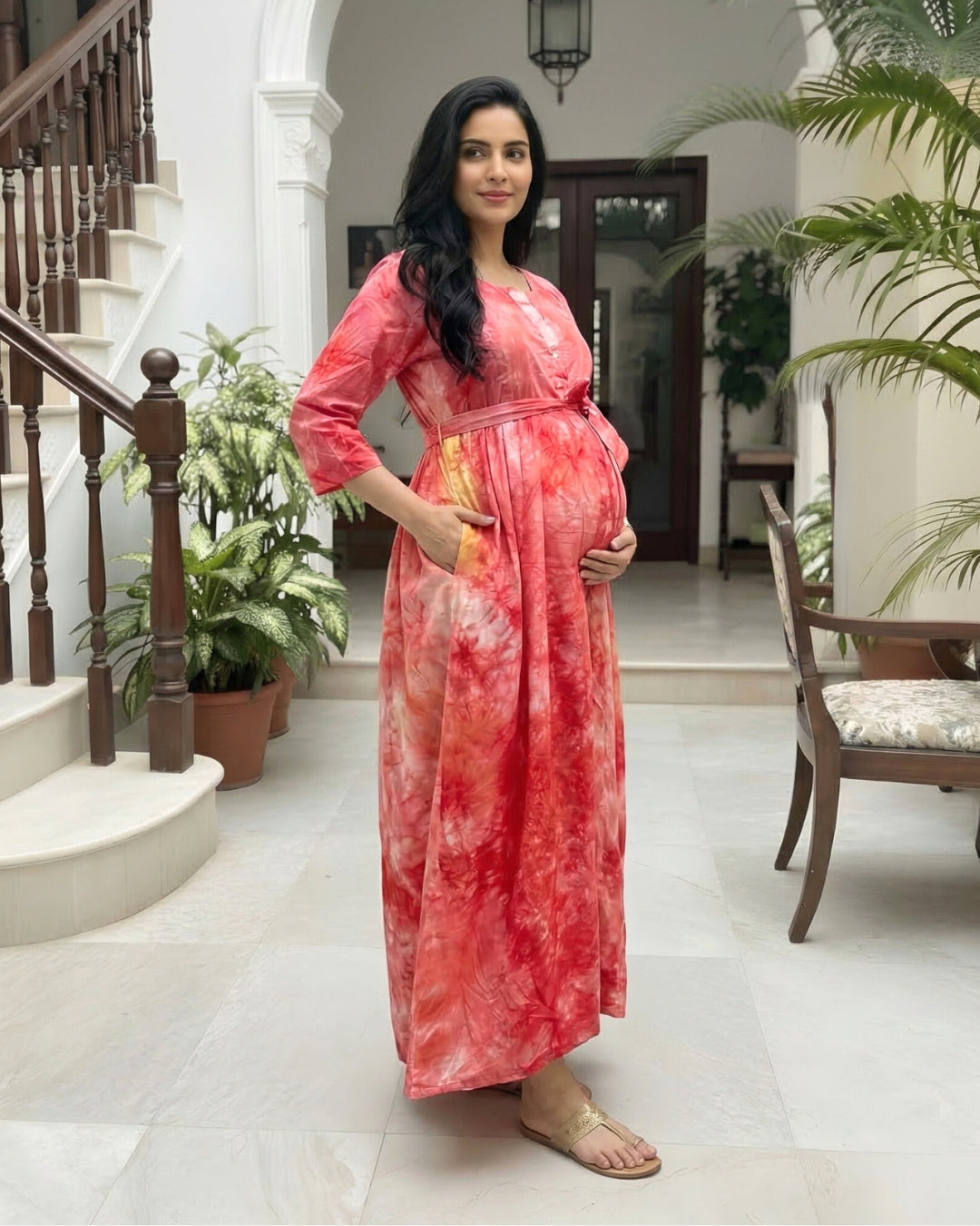 Tie Dye - Red - Maternity Kurti with Feeding Zips - Soft Rayon