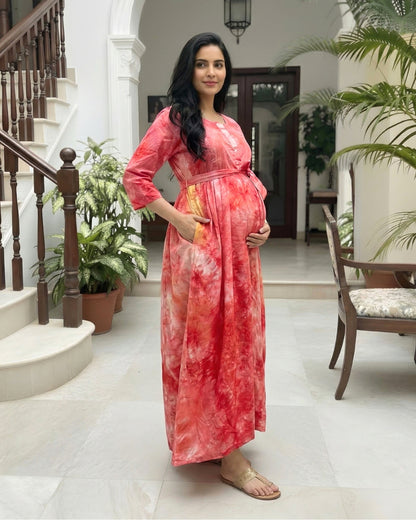 Tie Dye - Red - Maternity Kurti with Feeding Zips - Soft Rayon