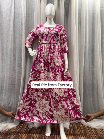 Hibiscus - Pink White - Maternity Kurti with Feeding Zips - Soft Rayon