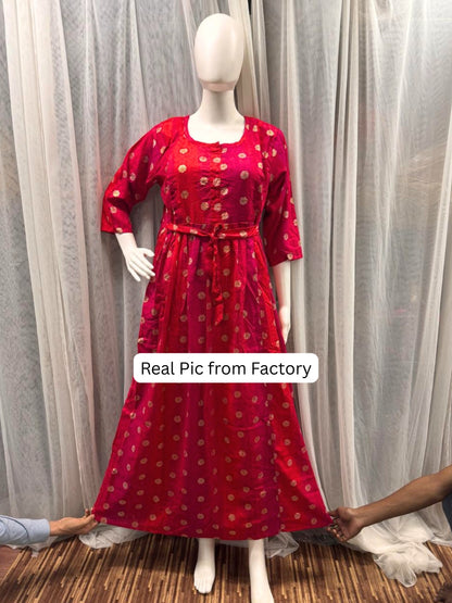 Gold Flower - Pink Red  - Maternity Kurti with Feeding Zips - Soft Rayon