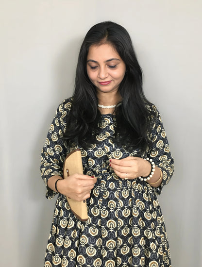 Sunflower - Black & Cream - Maternity Kurti with Feeding Zips - Cotton Flex - Thicker Fabric