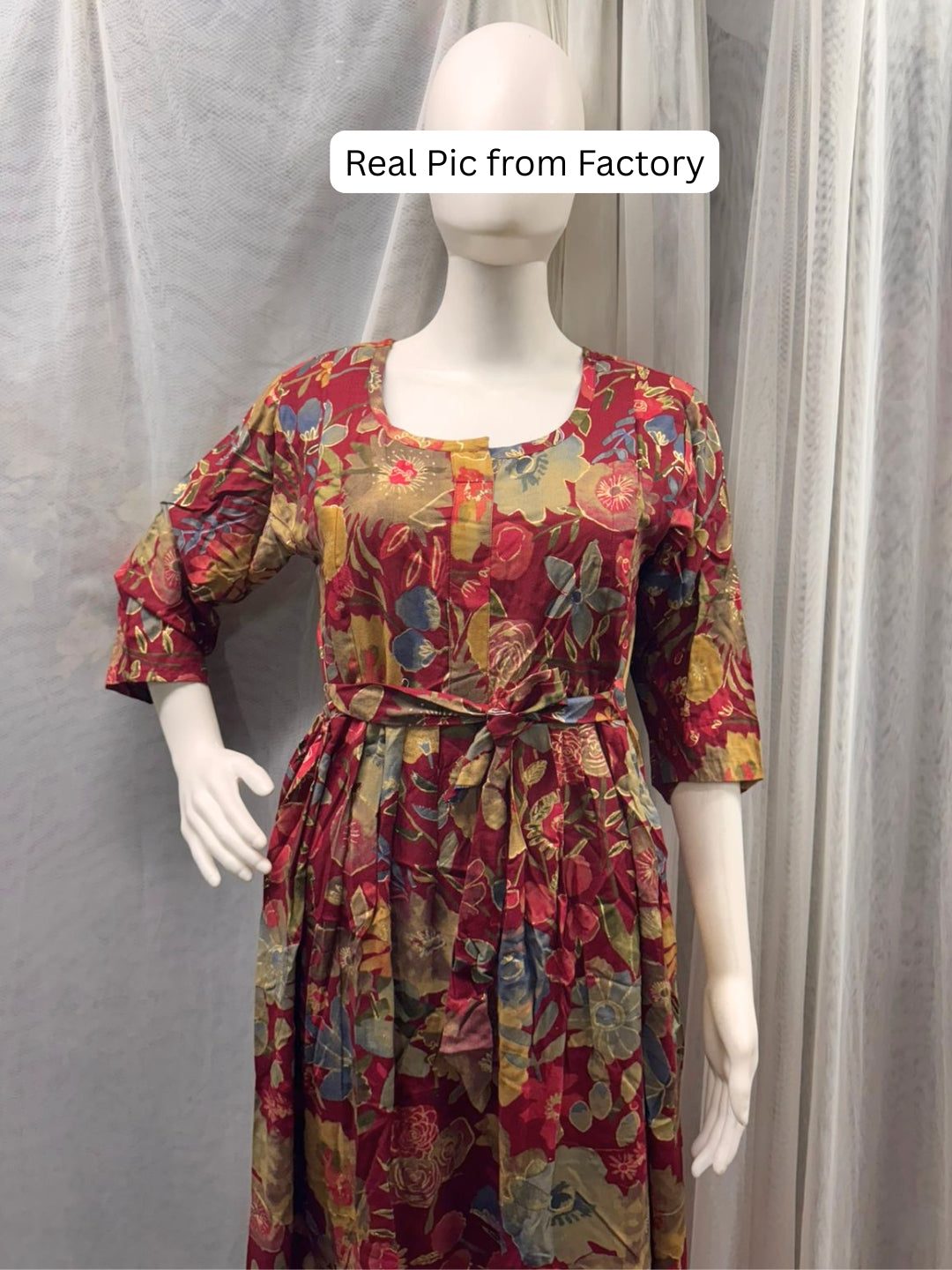 Maroon Grey Flower - Maternity Kurti with Feeding Zips - Soft Rayon