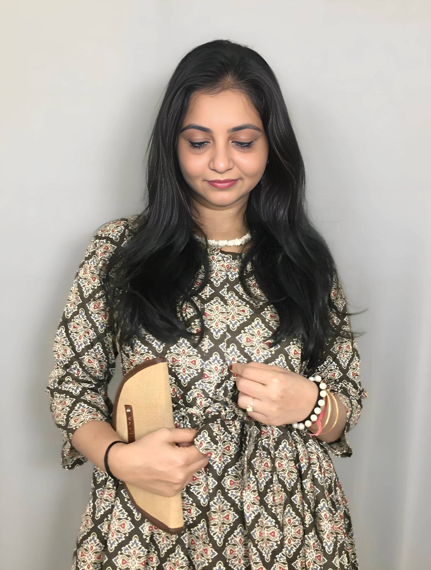 Brown Dessert Flower - Maternity Kurti with Feeding Zips - Cotton Flex - Thicker Fabric