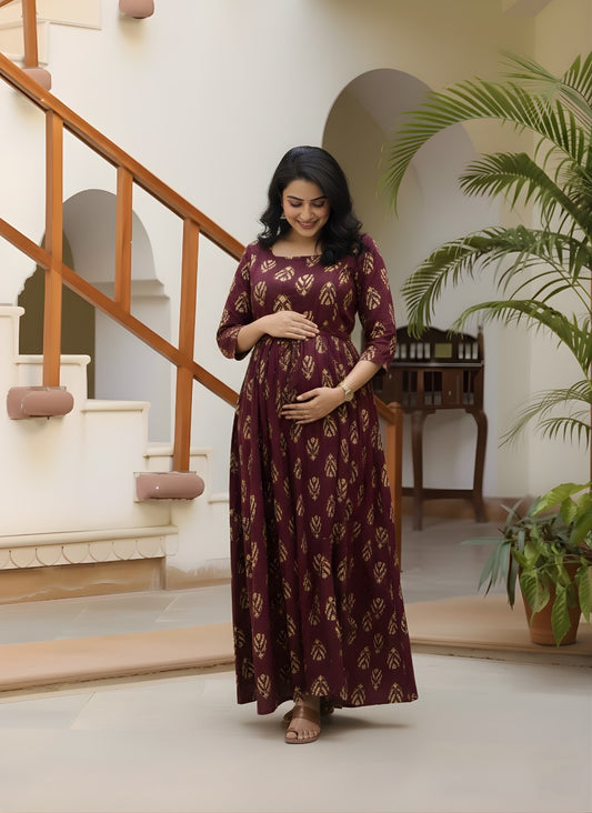 Maroon Cream Leaves - Maternity Kurti with Feeding Zips - Soft Rayon