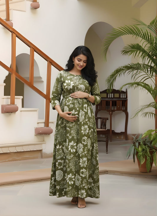 Marigold Green - Maternity Kurti with Feeding Zips - Cotton Flex - Thicker Fabric