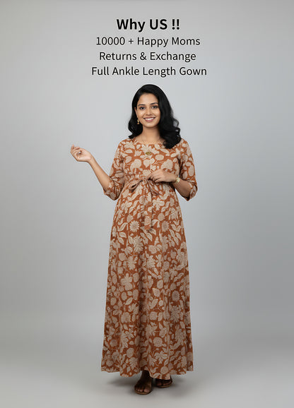 Leafy Stripes - Orange - Maternity Kurti with Feeding Zips - Soft Rayon
