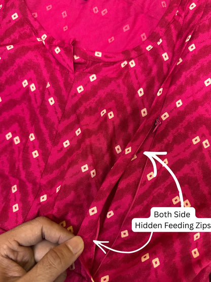 Raani ZigZag Bandhani- Maternity Dress with Feeding Zips - Soft Rayon