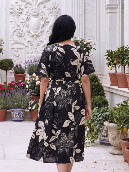 Lily Flower Black - Short Sleeves Midi Dress -  Pure Cotton