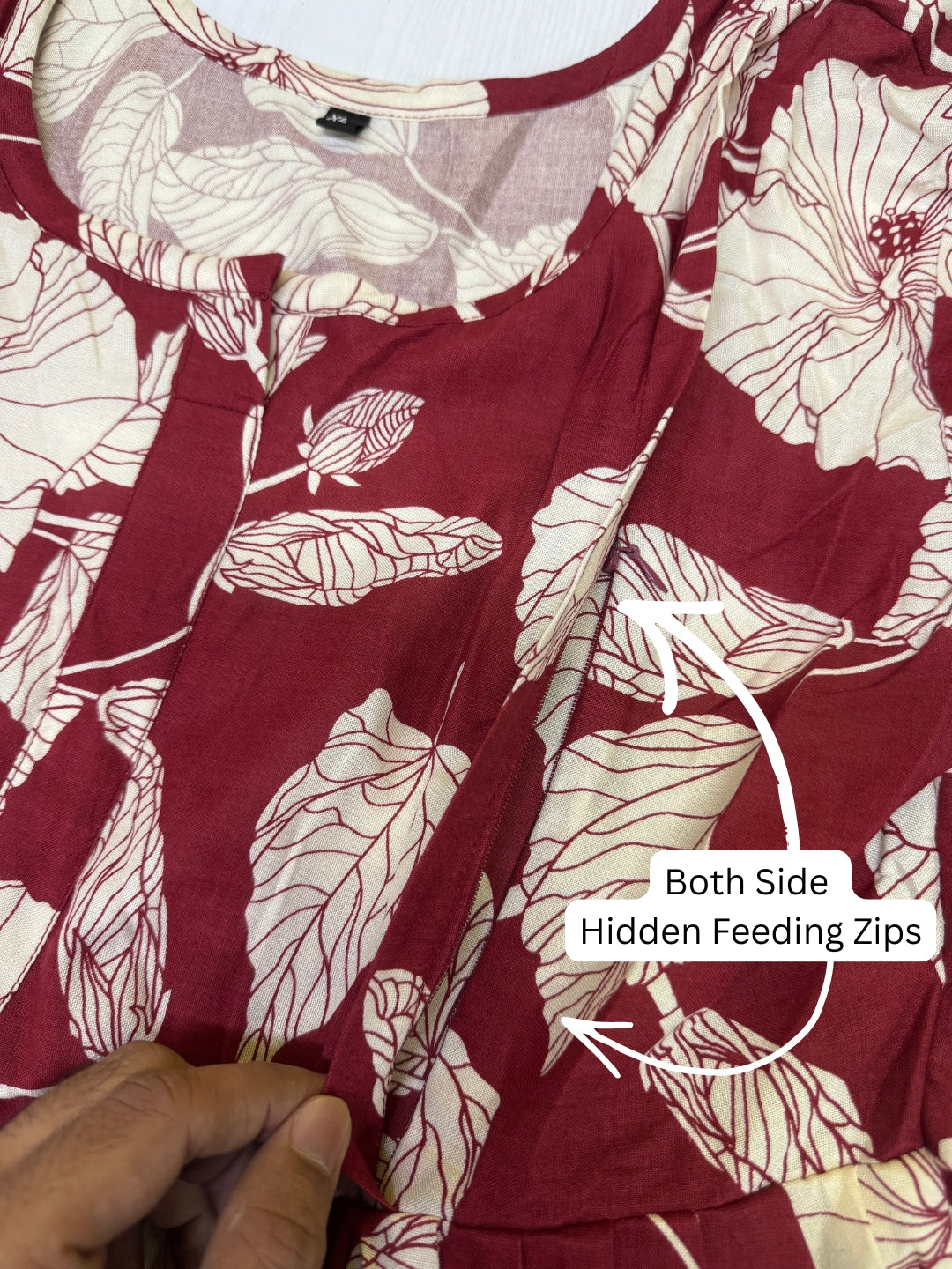 Hibiscus Maroon White - Maternity Dress with Feeding Zips - Soft Rayon