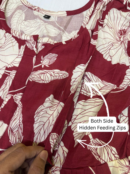 Hibiscus Maroon White - Maternity Dress with Feeding Zips - Soft Rayon
