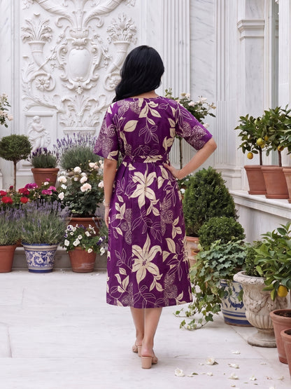 Lily Flower Purple - Short Sleeves Midi Dress -  Pure Cotton