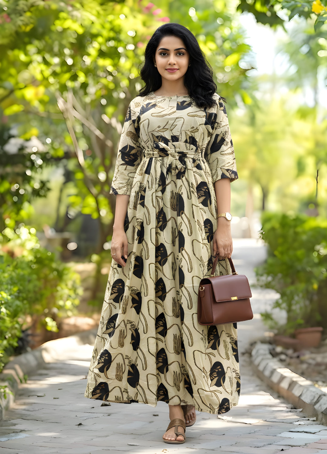 Off White Black Flower - Maternity Kurti with Feeding Zips - Soft Rayon