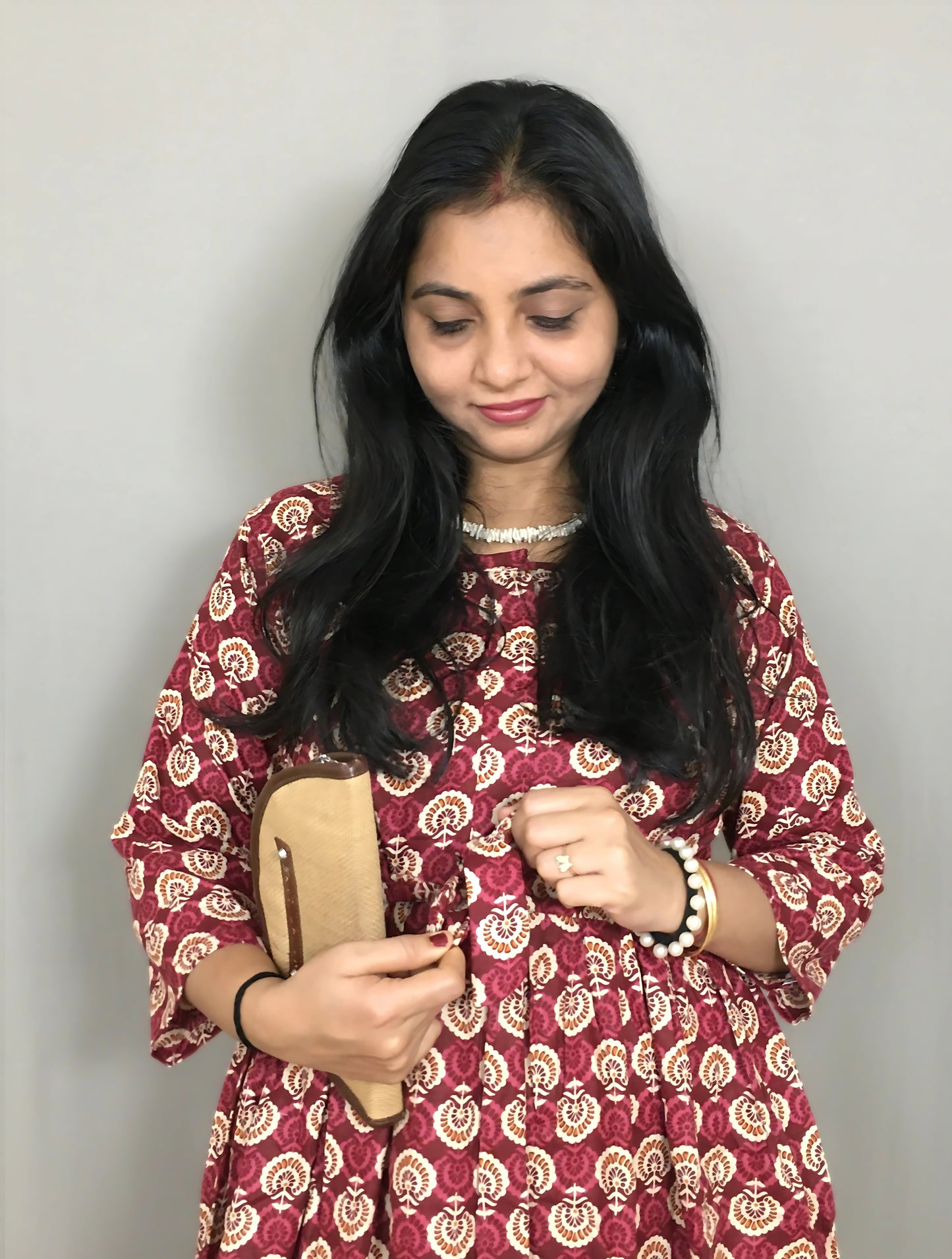 Sunflower - Wine - Maternity Kurti with Feeding Zips - Cotton Flex - Thicker Fabric