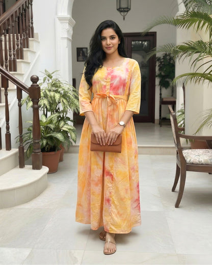 Tie Dye - Yellow - Maternity Kurti with Feeding Zips - Soft Rayon