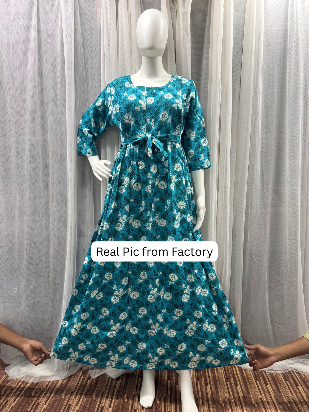White Flower - Sea Blue - Maternity Kurti with Feeding Zips - Soft Rayon