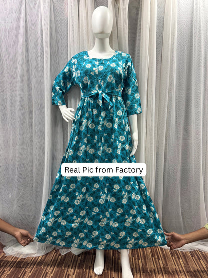 White Flower - Sea Blue - Maternity Kurti with Feeding Zips - Soft Rayon