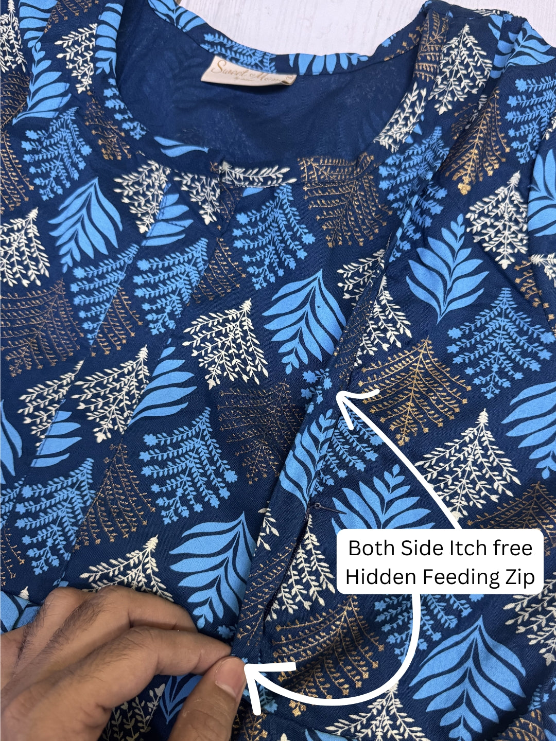 Blue & Sky Blue Shrub - Maternity Kurti with Feeding Zips - Soft Rayon