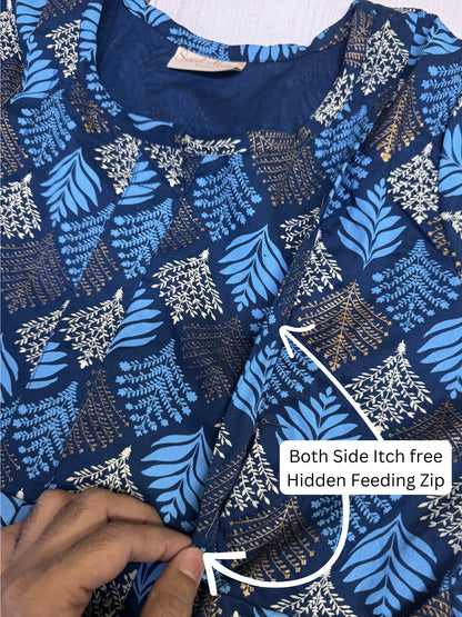 Blue & Sky Blue Shrub - Maternity Kurti with Feeding Zips - Soft Rayon