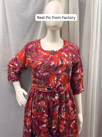 Floral - Wine - Maternity Kurti with Feeding Zips - Soft Rayon