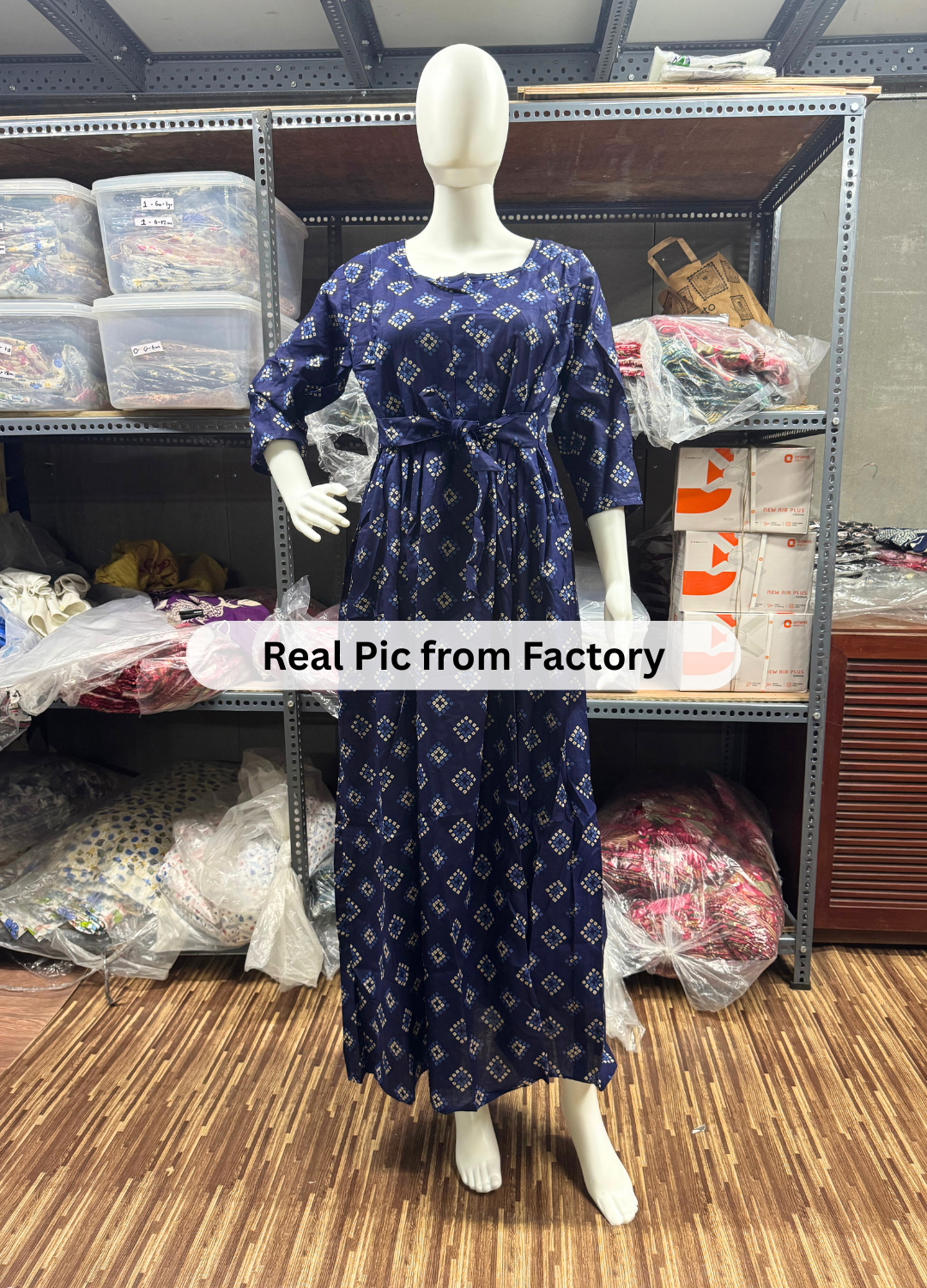Blue Square Bandhani Print - Maternity Kurti with Feeding Zips - Cambric Flex - Thicker Fabric