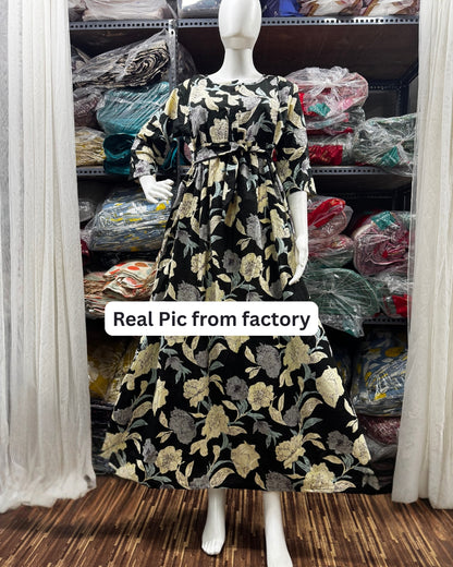 Mix Flower - Black - Maternity Kurti with Feeding Zips - Cotton Flex - Thicker Fabric